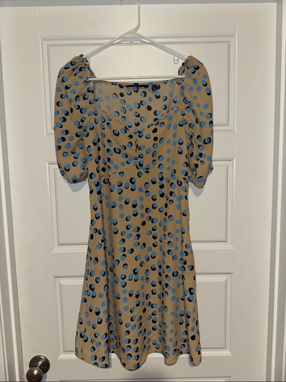 beige polka dot mini dress